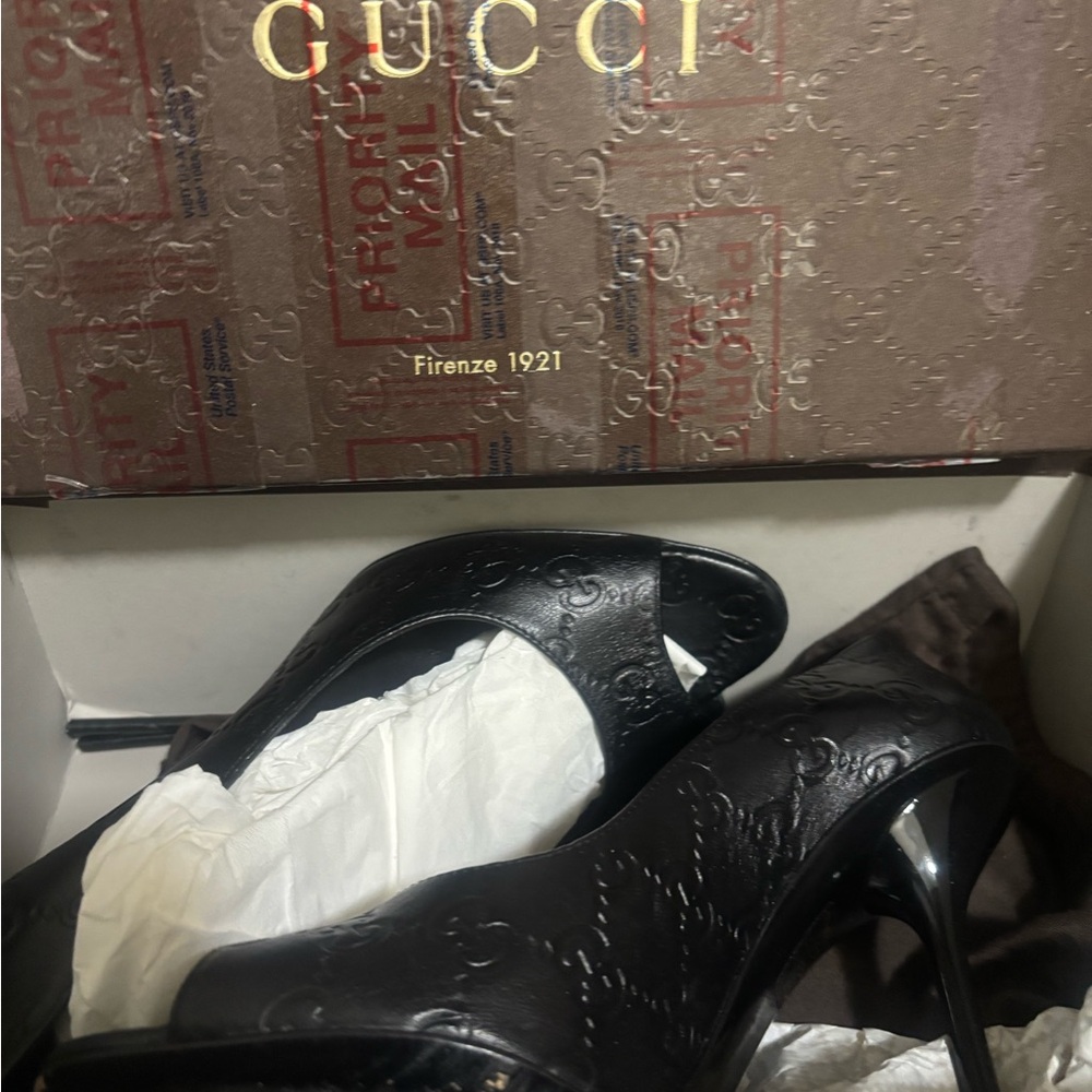 Gucci Black Embossed Open-Toe Heels